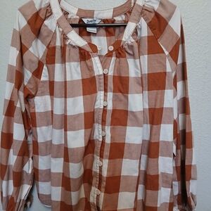 Duluth Trading Company Brown and White Checkered Blouse